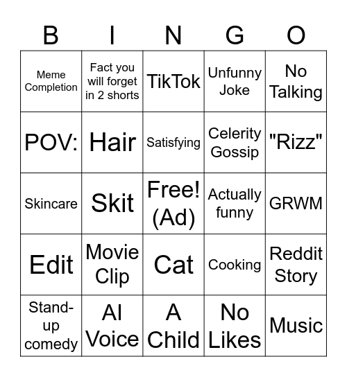 YouTube Shorts Bingo Card
