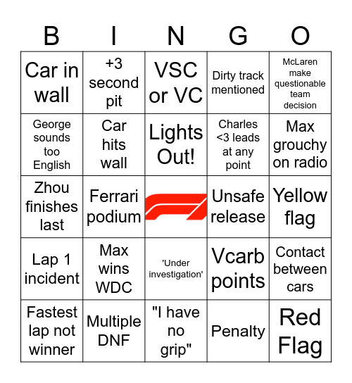 Las Vegas Grand Prix Bingo Card