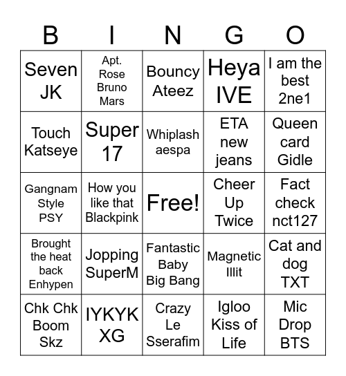 KPOP night 11/23 Bingo Card