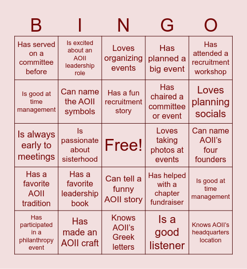 AOII and Leadership Bingo Card