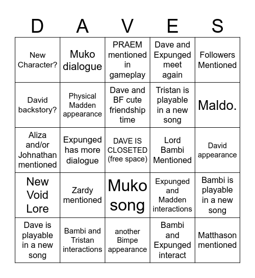 Dave 3.5 Bingo Card