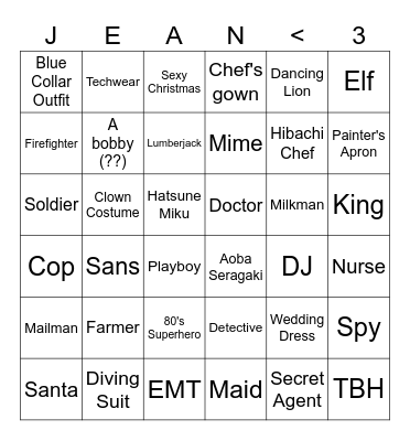 Jean Francois outfit bingo Card