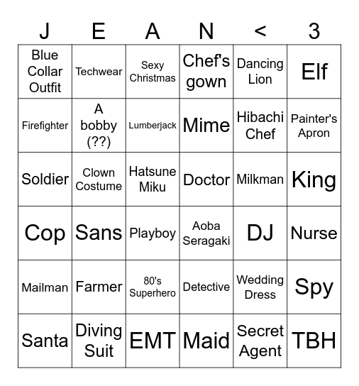 Jean Francois outfit bingo Card