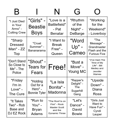 80s Music Bingo Round #4 Bingo Card