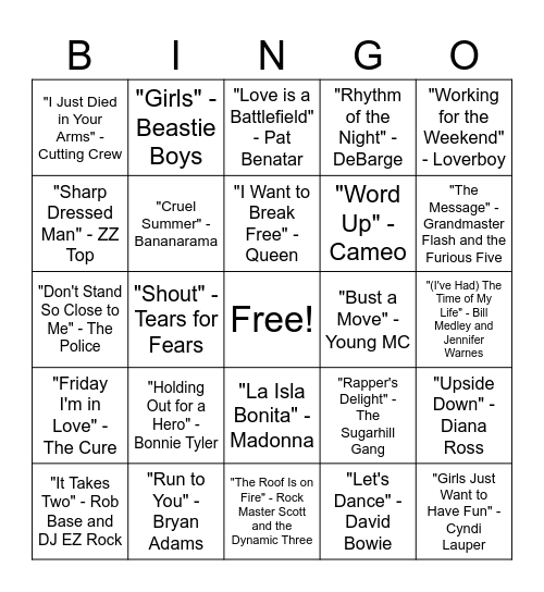 80s Music Bingo Round #4 Bingo Card