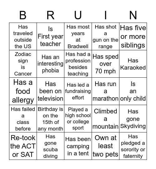 Bradwell Bruin Bingo Card