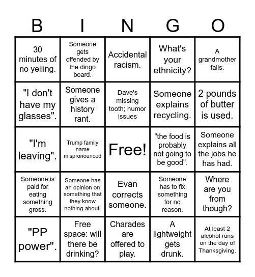 Dingo: Thanksgiving 2024 Bingo Card