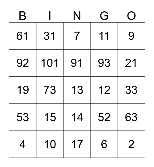 Numbers Bingo Card