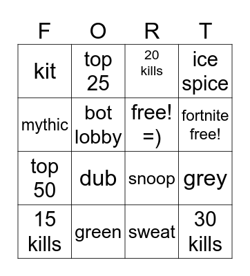 fortnite bingo Card