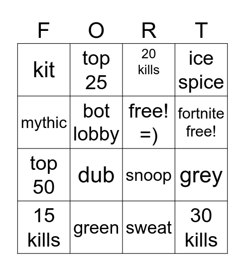 fortnite bingo Card