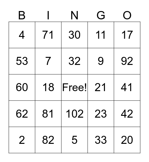 Numbers Bingo Card