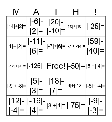 Math Fun Bingo Card