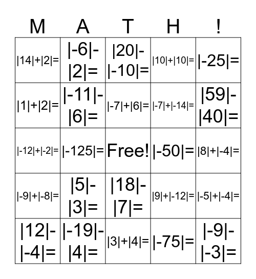 Math Fun Bingo Card