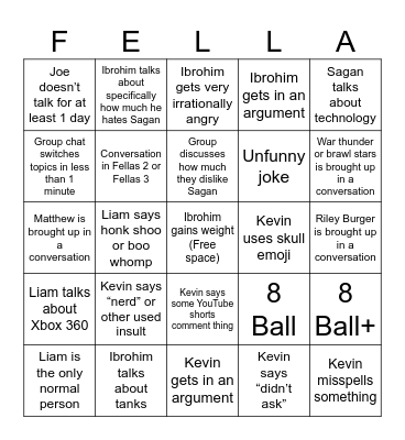 Fellas Group Chat Bingo Card