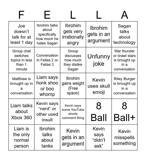 Fellas Group Chat Bingo Card