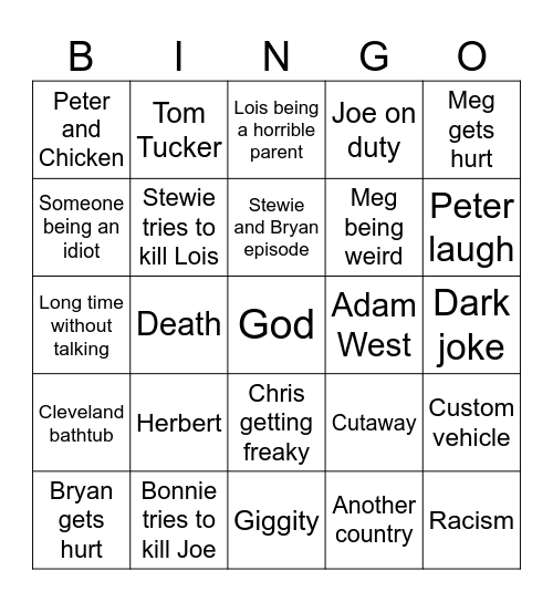 Family guy Bingo Card