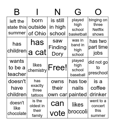 First Day Bingo Card