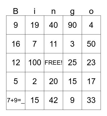 Math Fun Bingo Card