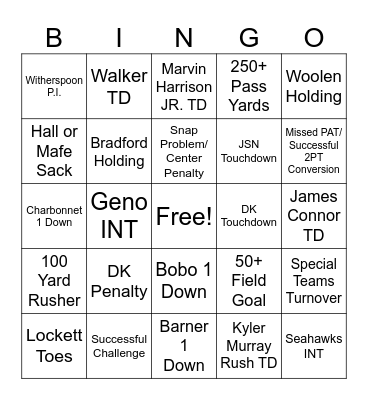 Seahawks VS Cardinals Round 1 Bingo Card