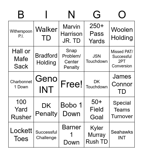 Seahawks VS Cardinals Round 1 Bingo Card