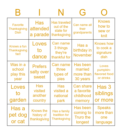 Truro Friendsgiving Bingo Card