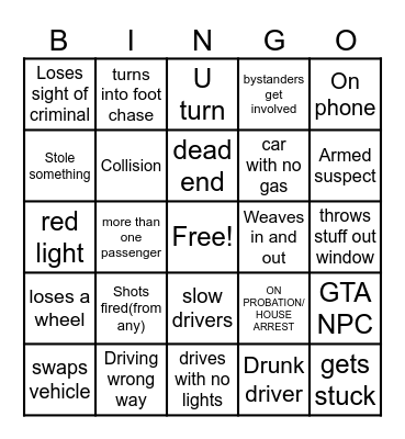 CAR CRASH BINGO Card