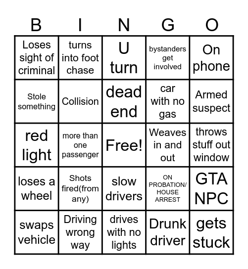 CAR CRASH BINGO Card