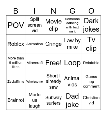 YT SHORTS Bingo Card