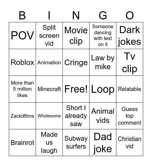 YT SHORTS Bingo Card