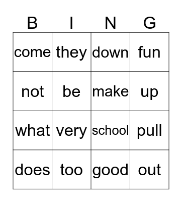 Sight Word Bingo Card