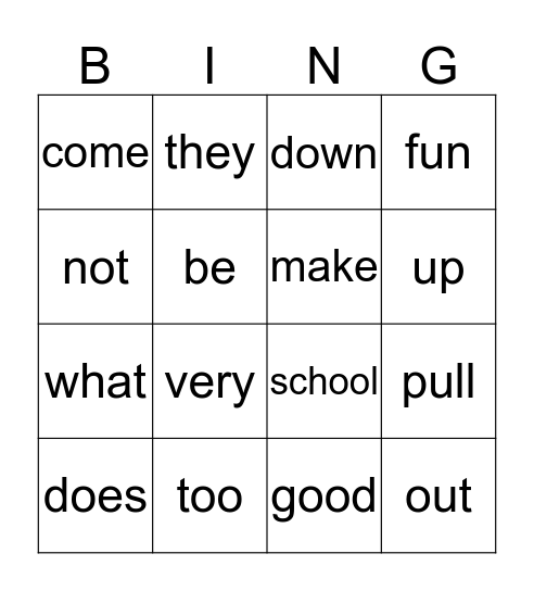 Sight Word Bingo Card