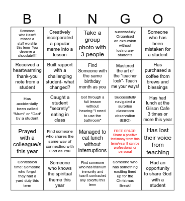 End of Term Reflection Bingo Card