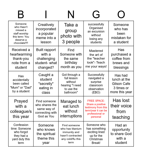 End of Term Reflection Bingo Card