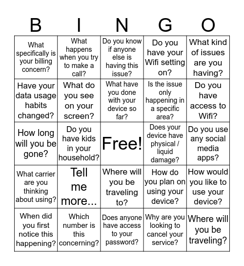 "Ask Questions" Bingo Card