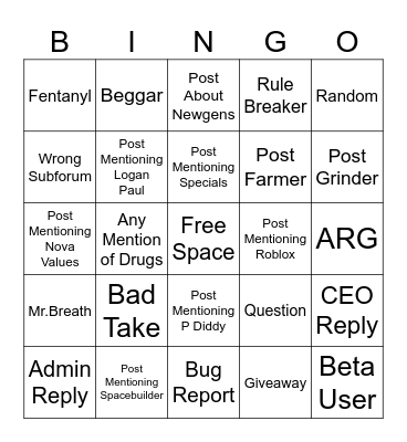 Nova Hill Forums Bingo Card