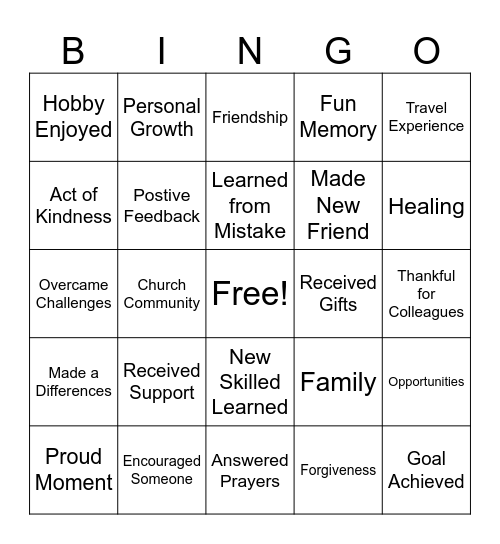 Gratitude Bingo Card