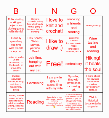 How do you spend your time when you're not organizing? Bingo Card