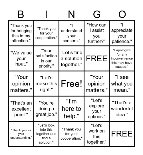 Positive Language Bingo Card