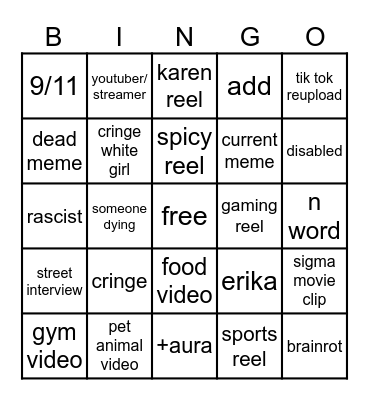 Instagram reel bingo Card