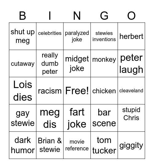 family guy Bingo Card