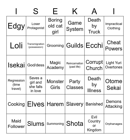 Isekai Bingo Card