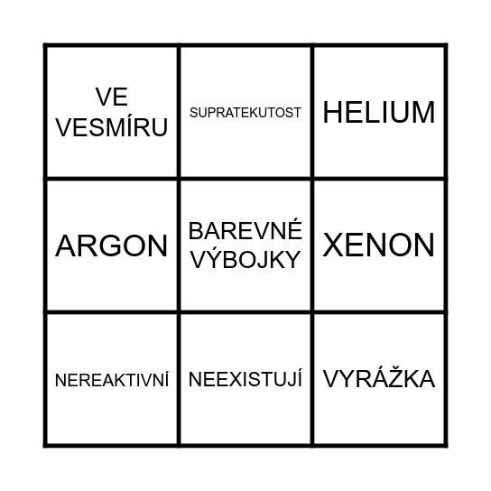 BINGO VZÁCNÝCH PLYNŮ Bingo Card