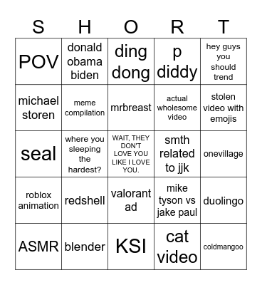 Youtube Shorts Bingo Card