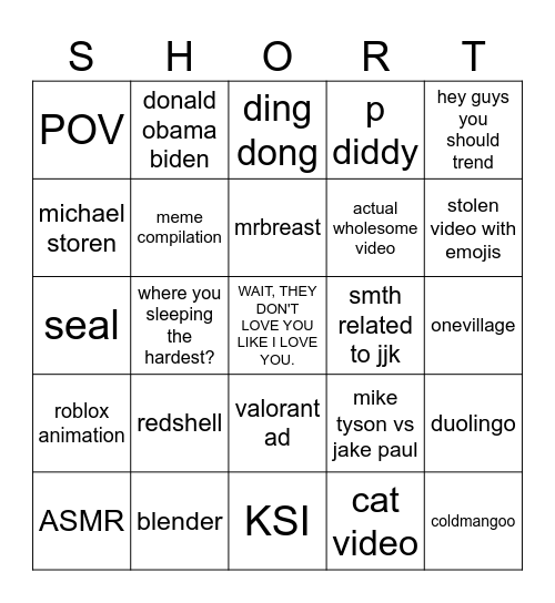 Youtube Shorts Bingo Card