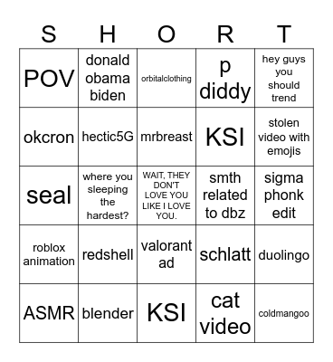 Youtube Shorts Bingo Card