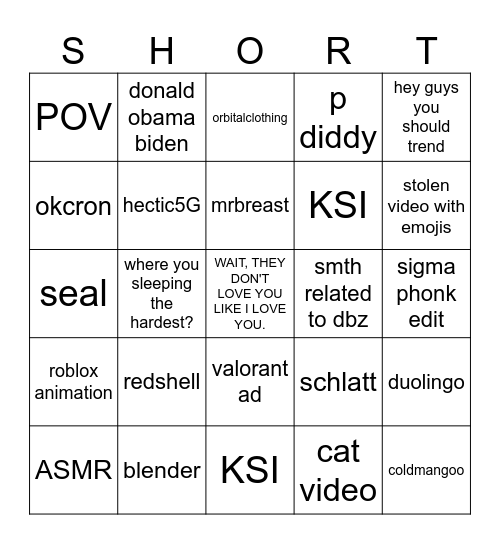 Youtube Shorts Bingo Card