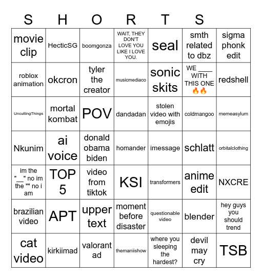 Youtube Shorts Bingo Card