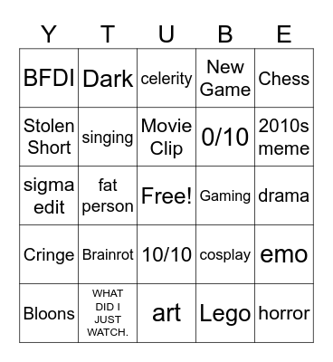 YT SHORTS Bingo Card