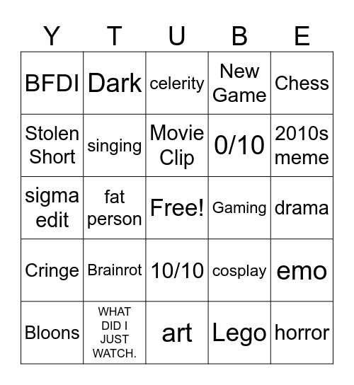 YT SHORTS Bingo Card