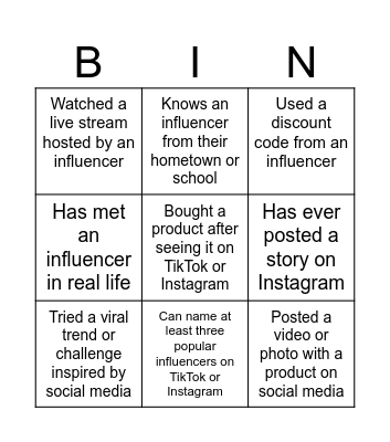 Influencer Bingo Card